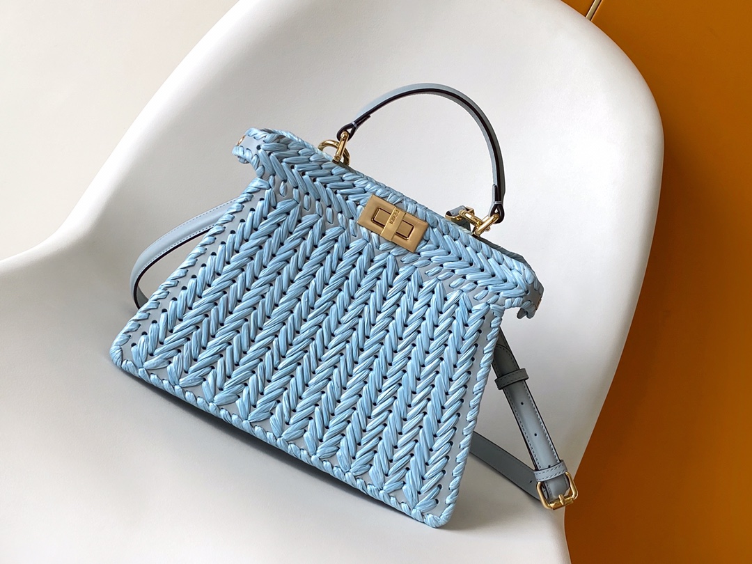 Fendi Peekaboo ISeeU Small Light Blue Interlace Leather Bag